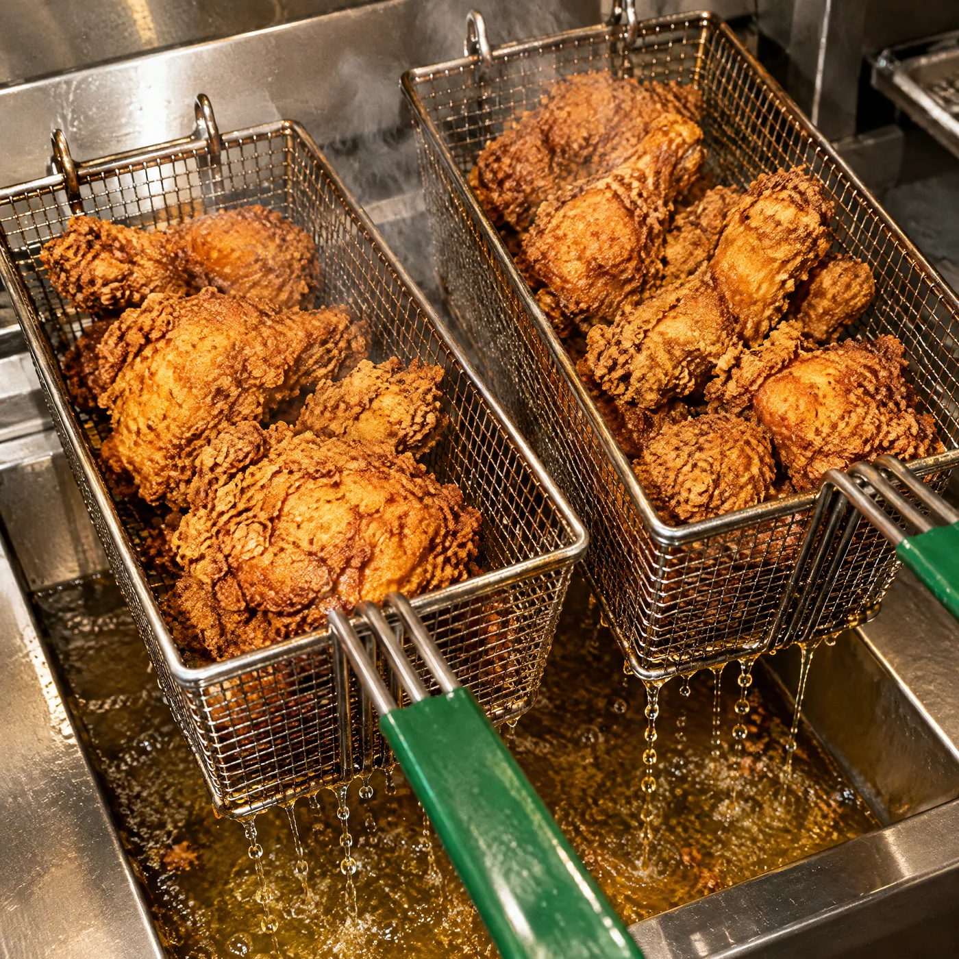 Fryer baskets full of golden chicken