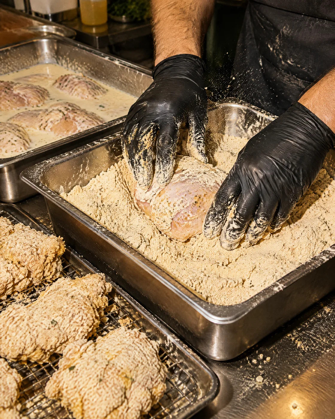 Hands dredging chicken in seasoned flour
