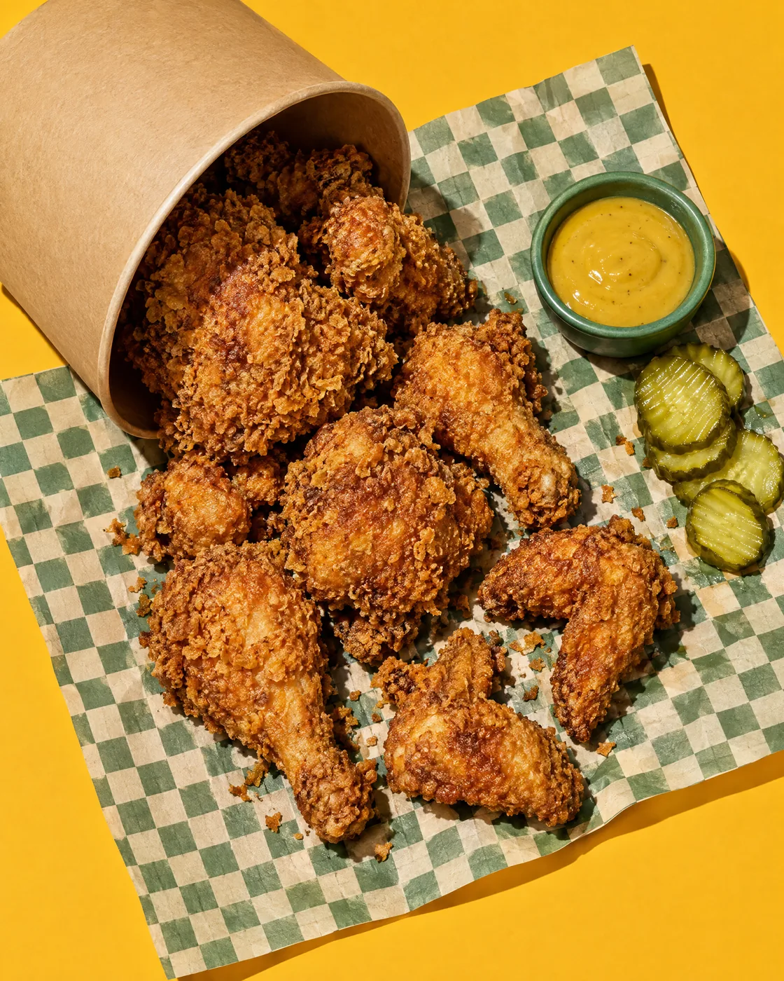 Tipped bucket of fried chicken seen from above