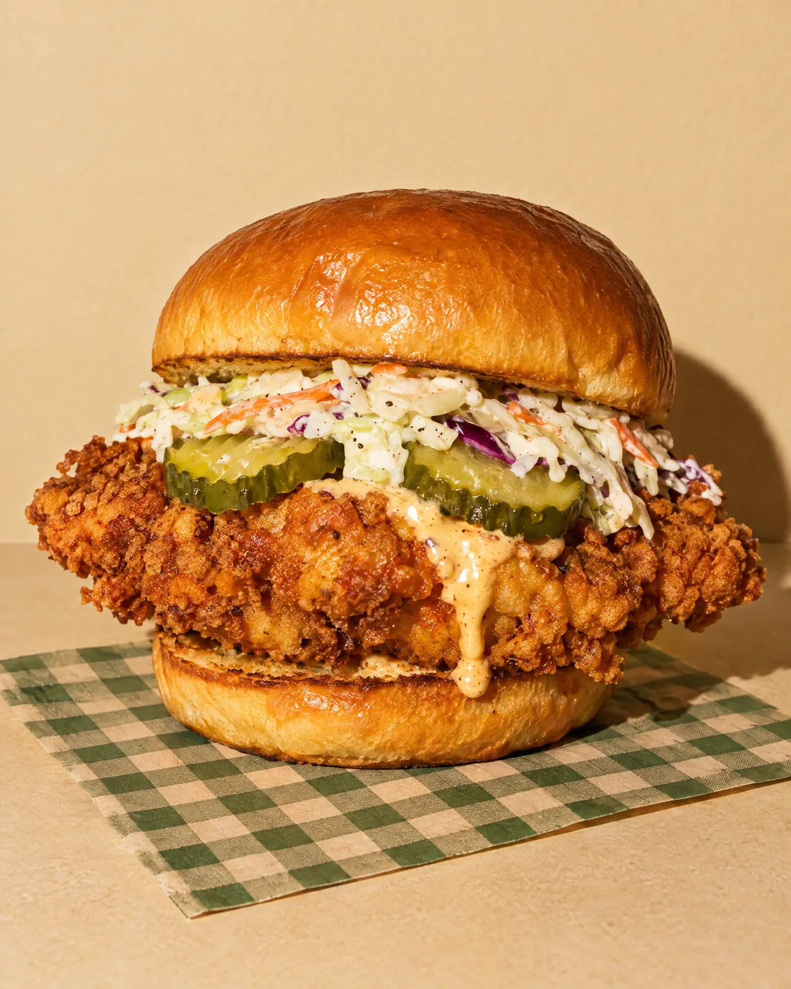 Crispy fried chicken sandwich up close
