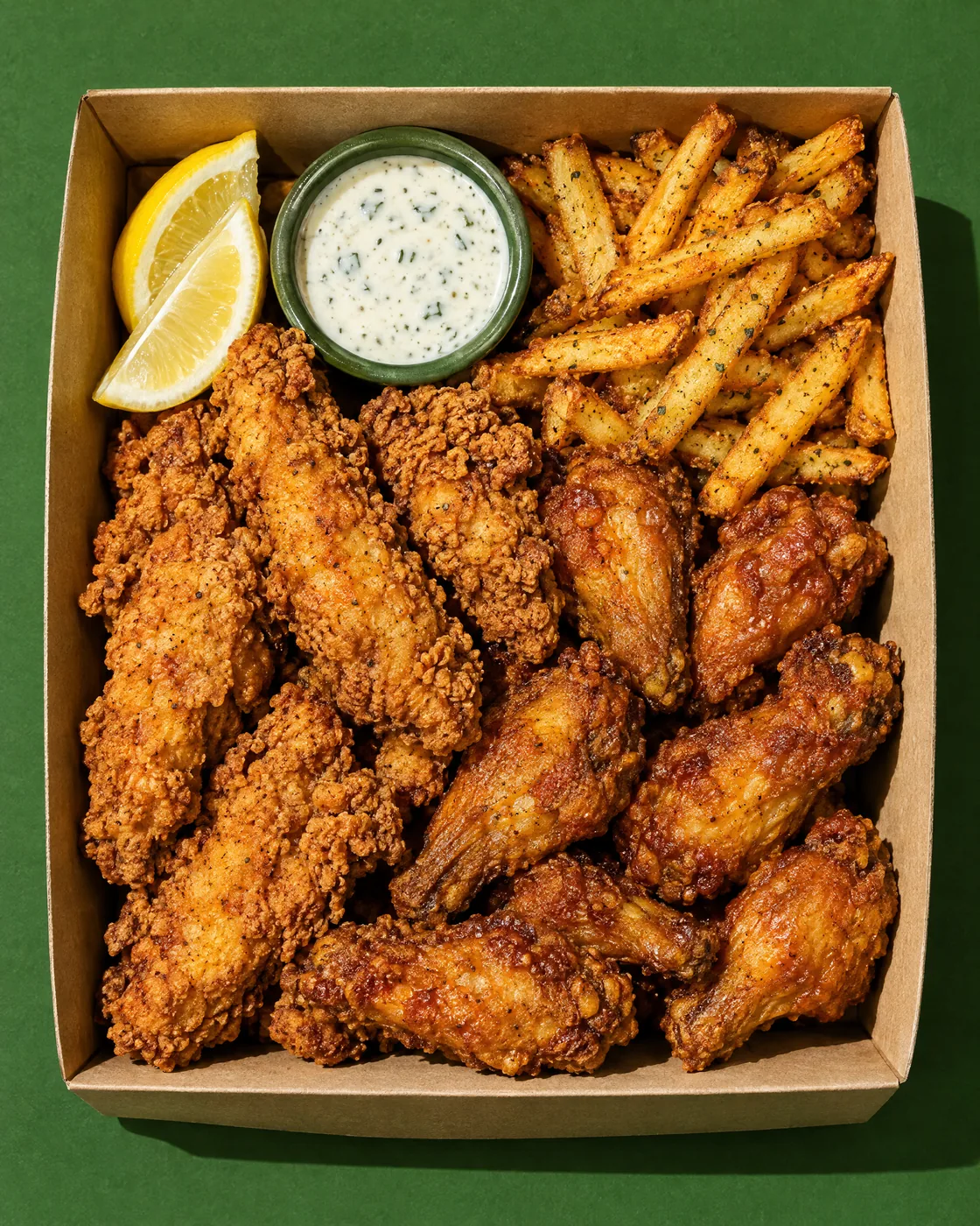 Open box of crispy tenders and wings seen from above