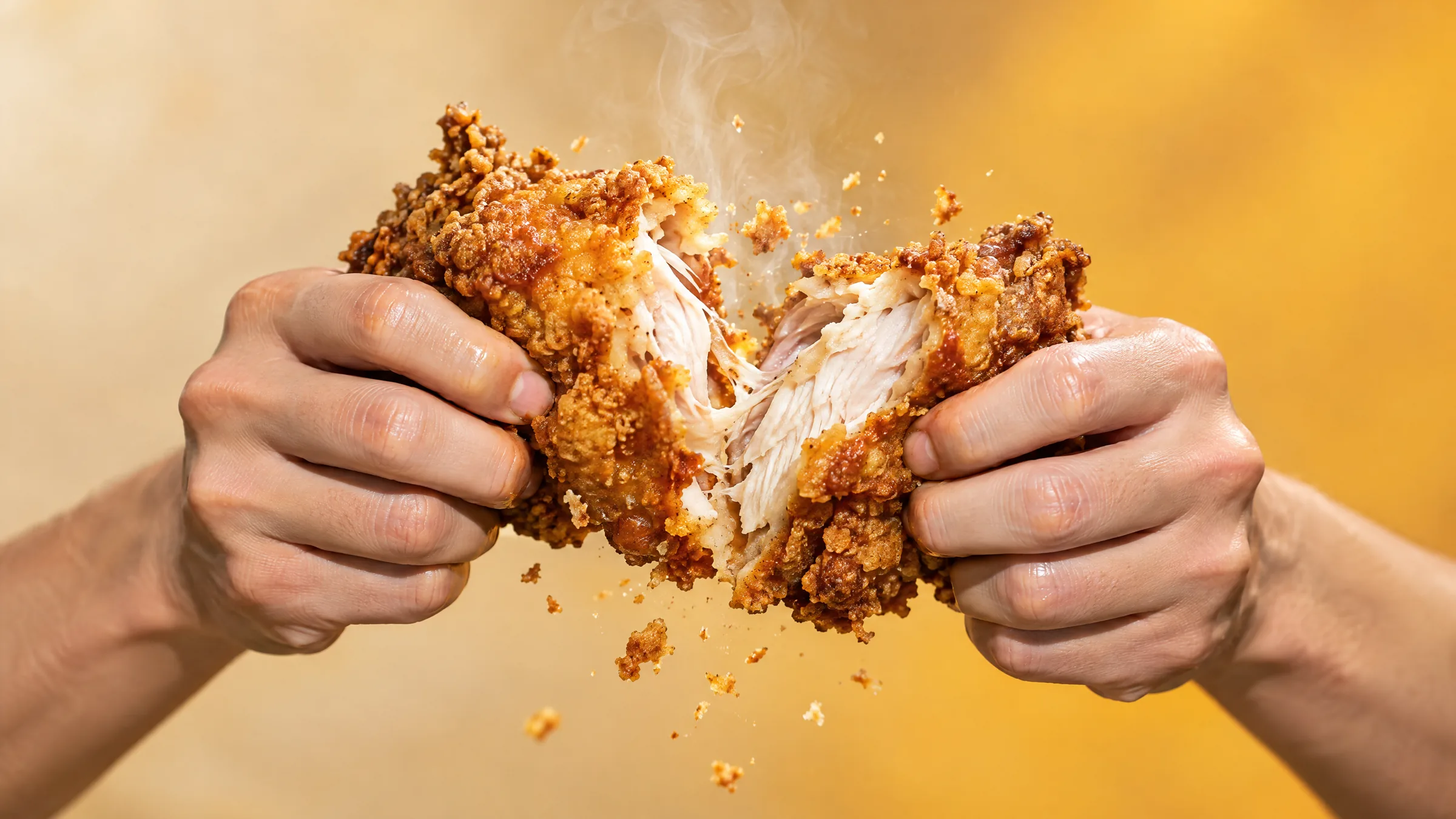 Hands pulling apart a crunchy piece of fried chicken